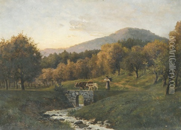 Hirtin Auf Einer Brucke In Herbstlicher Landschaft Oil Painting - Victor Puhonny