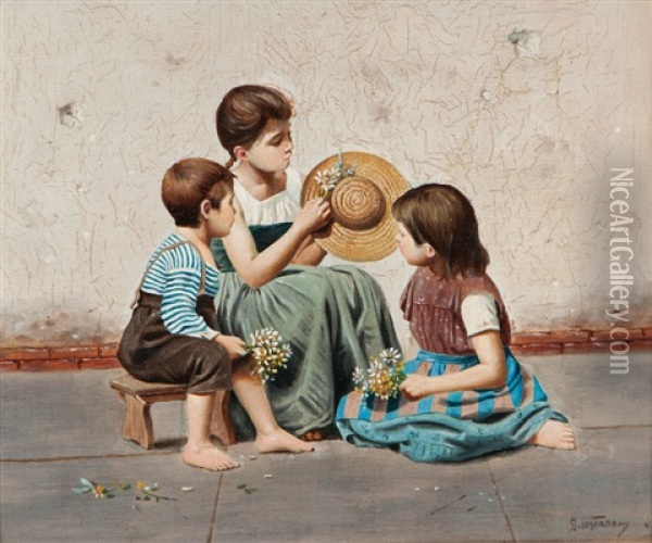 Children Adorning A Hat Oil Painting - Giovanni Toscano