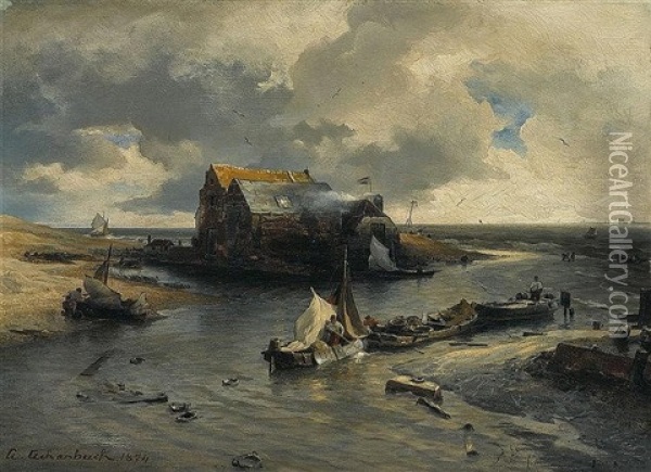 Heimkehrende Fischer An Hollandischer Kuste Oil Painting - Andreas Achenbach