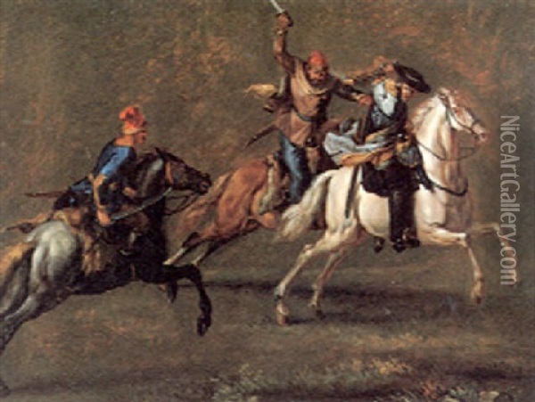 Two Hussars Attack A Horseman Oil Painting - Francesco Giuseppe Casanova