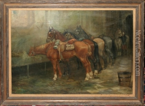 Horses In A Stable Oil Painting - Gean Smith