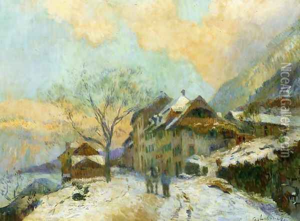 The Banks of Lake Geneva at Saint-Gingolph, in winter, with Snowy Weather Oil Painting - Albert Lebourg