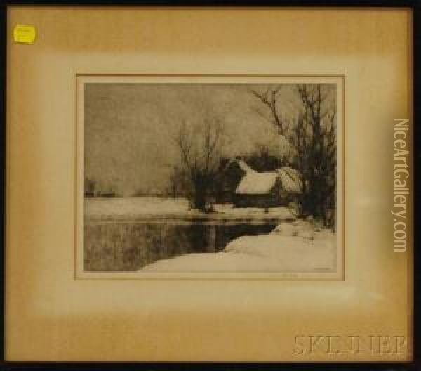 House With Pond In Winter Snow Oil Painting - Charles Jac Young