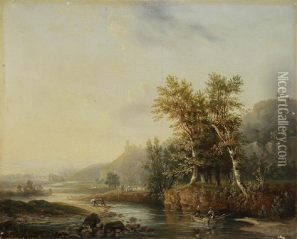 Paysage De Riviere Avec Des Pecheurs Oil Painting - Alexandre Louis Marie Theodore Richard