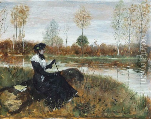 Elegant Company On The Riverbank Oil Painting - Norbert Goeneutte