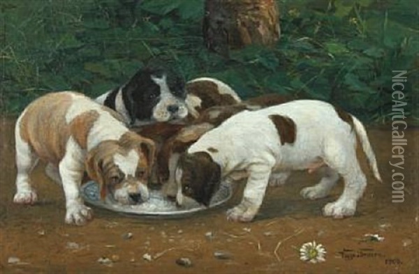 Fem Hundehvalpe Vil Til Fadet Oil Painting - Viggo Simesen