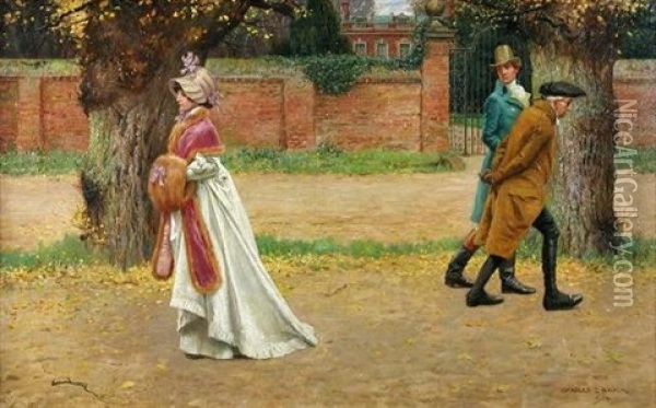 An Elegant Lady Passing Two Gentlemen Outside A Country House (anstey Hall, Trumpington?) Oil Painting - Charles Edward Brock