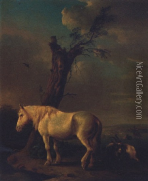 A Pony, Goat And Resting Cattle In A Landscape Oil Painting - Jan Kobell III