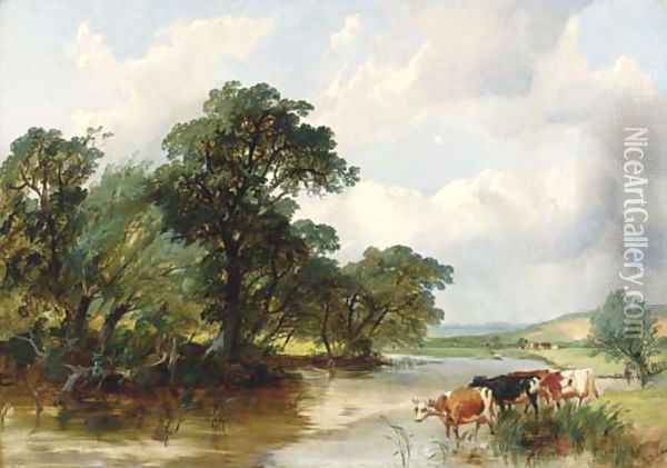 Cattle watering in a wooded river landscape Oil Painting - Henry Jutsum