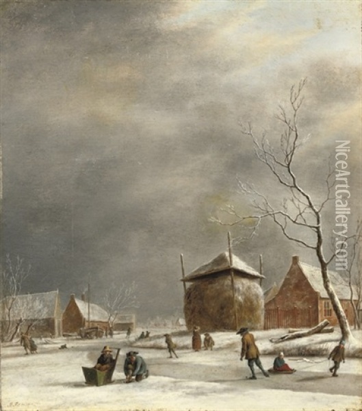 A Winter Landscape With Skaters On A Frozen River Near A Haystack Oil Painting - Johannes I Janson