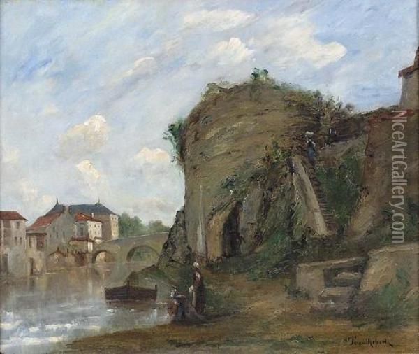 Le Vieux Pont Sur La Thouet A Parthenay. Oil Painting - Paul Trouillebert