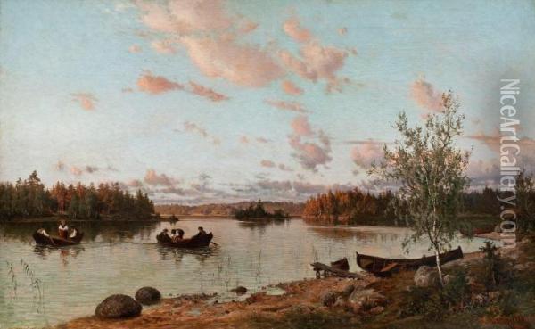 Riverbank At Sunset Oil Painting - Hjalmar (Magnus) Munsterhjelm