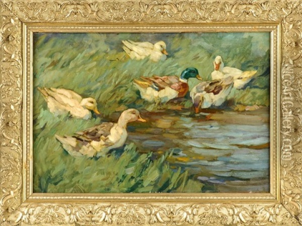 Sechs Enten Am Schilfwasser Oil Painting - Alexander Max Koester