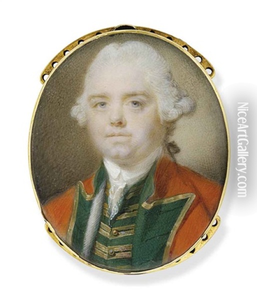 Philip Puleston, In The Uniform Of An Infantry Officer, In Gold-trimmed Scarlet Coat With Green Facings, Green Waistcoat With Gold Frogging, Frilled White Lace Cravat Oil Painting - Jeremiah Meyer