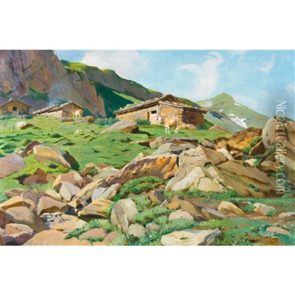 Sommerliche Alp Mit Weidenden Kuhen Oil Painting - Hans Widmer