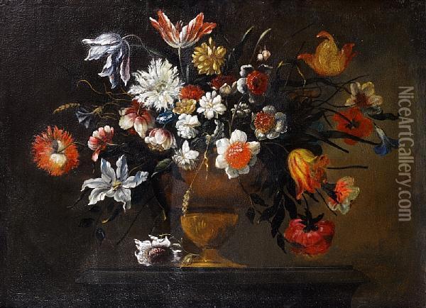 Tulips, Chrysanthemums, Convolvulus, And Otherflowers In A Bronze Urn On A Stone Plinth Oil Painting - Jose De Arellano