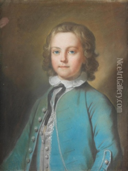 Portrait Of John Yate As A Young Boy, Bust-length, In A Blue Coat Oil Painting - William Hoare
