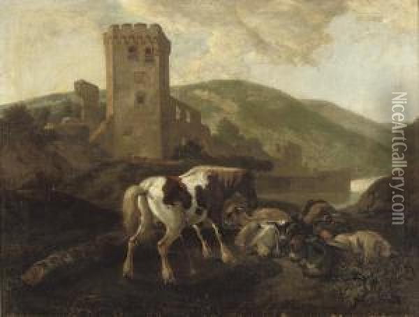 A Horse, Donkey, Goats, Dog And Sleeping Shepherd In Front Of A Ruin Oil Painting - Johan Heinrich Roos