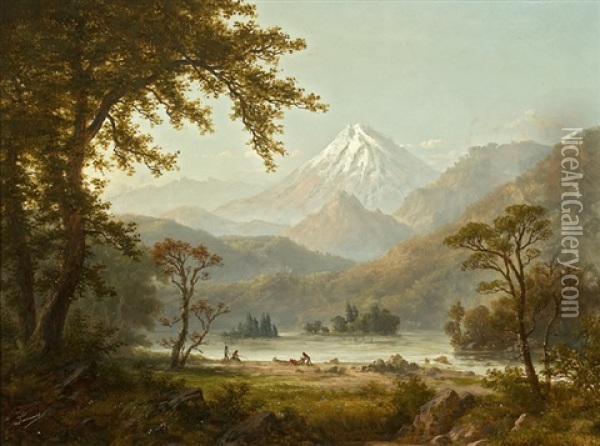 Indians Fishing Below Snow Capped Mountains Oil Painting - Alexander Francois Loemans