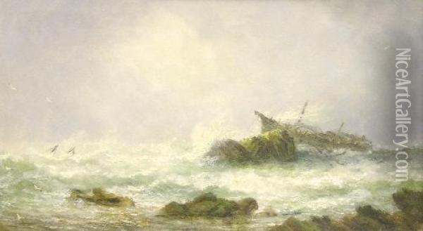 Shipwreck Off The Coast And Stormy Sea Study Oil Painting - Thomas Gray Hart