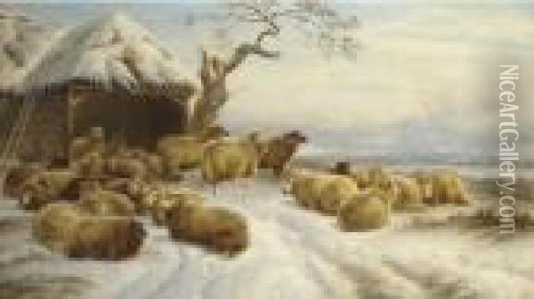 Sheep In A Winter Landscape Oil Painting - Charles Jones