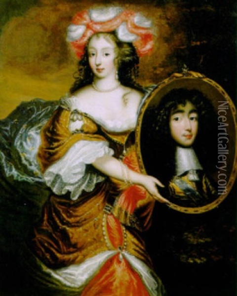 Portrait Of Princess Henrietta Anna Stuart Of England In A Red And Orange Dress, Holding A Portrait Of Philippe D'anjou, Duke Of Orleans Oil Painting - Caspar Netscher