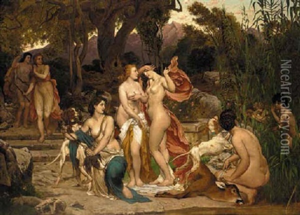 Diana And Her Nymphs Oil Painting - Hermann Julius Schloesser