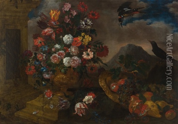 Still Life With Flowers In Vase And Fruits In A Basket Before A Landscape With Two Birds Oil Painting - Bartolommeo Bimbi