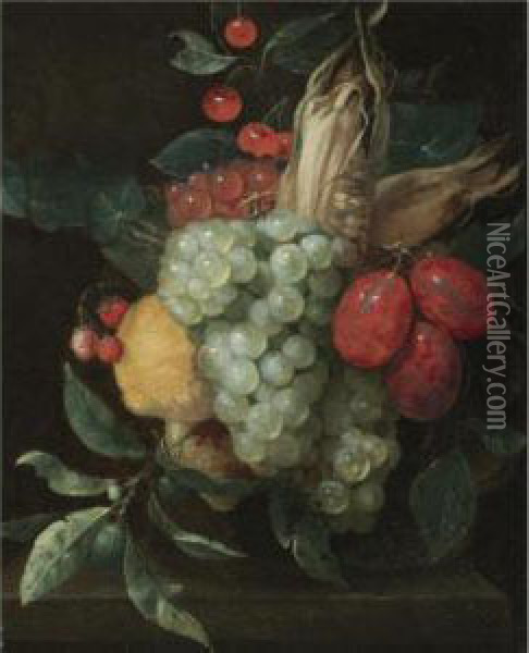 A Still Life With A Festoon Of 
Grapes, Plums, Lemons, Cherries, Wild Strawberries And A Corn On The Cob Oil Painting - Jan Pauwel Gillemans The Elder