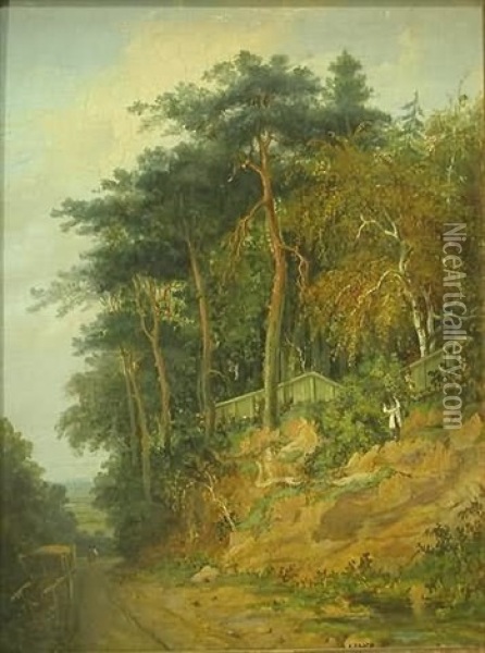 Landscape With Hay Cart On Track, Figures In Distance And On Wooded Hillside Oil Painting - Richard H. Hilder