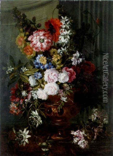 Roses, Poppies, Hollyhocks, Jasmine And Other Flowers In A Sculpted Urn On A Ledge, Before A Pilaster Oil Painting - Jean-Baptiste Monnoyer