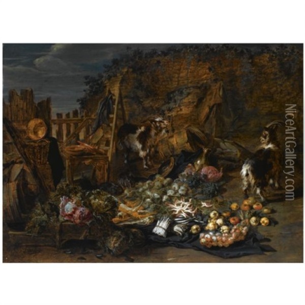 A Still Life Of Cabbages, Carrots, Asparagus, Onions, Pears And Apples Outside A Ruined Barn, Together With Two Goats And Three Rabbits Oil Painting - Jan van Kessel the Elder