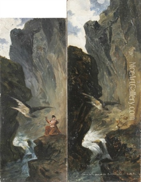 Psyche Holt Auf Befehl Der Venus Wasser Aus Dem Styx (+ Felsschlucht Mit Adler, Auf Einen Strauch Zufliegend; 2 Prelimin. Studies For Acht Wandbilder Zu Apulejus Marchen Amor Und Psyche) Oil Painting - Edmund Kanoldt