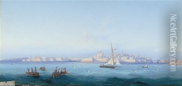 The Sea Approach To Valetta Harbors, Malta Oil Painting - Girolamo Gianni