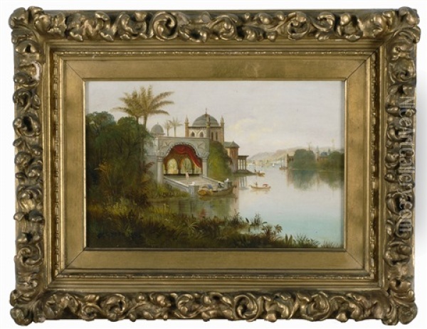 Orientalist View Of An Indian Palace Beside A River With Shipping And Distant Hills Oil Painting - Daniel Charles Grose