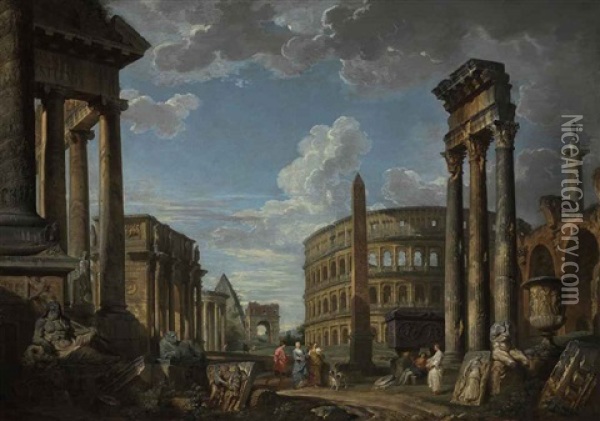 An Architectural Capriccio With Figures Among Roman Ruins Oil Painting - Giovanni Paolo Panini