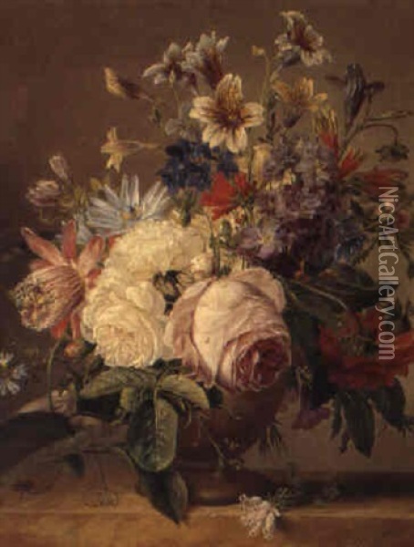 A Still Life Of Summer Flowers In A Vase On A Ledge Oil Painting - Anton Weiss