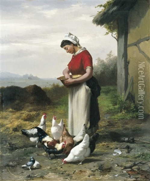 Het Voeren Van De Kippen Oil Painting - Eugene Remy Maes