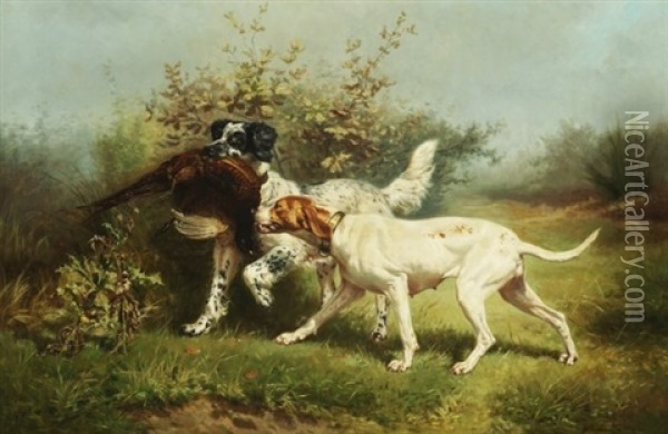 Zwei Jagdhunde Mit Erlegtem Rebhuhn Oil Painting - Jules Bertrand Gelibert