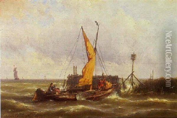 A Moored Sailing-vessel In An Estuary Oil Painting - Hermanus Koekkoek the Younger