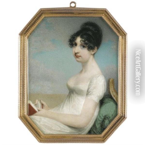 Portrait Of A Lady In A White Dress, Seated, Leaning Against A Green Cushion And Holding A Book Oil Painting - Adam Buck