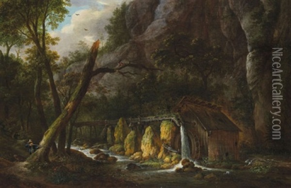 Waldlandschaft Mit Wassermuhle Und Einem Jager Oil Painting - Maximilian Neustueck