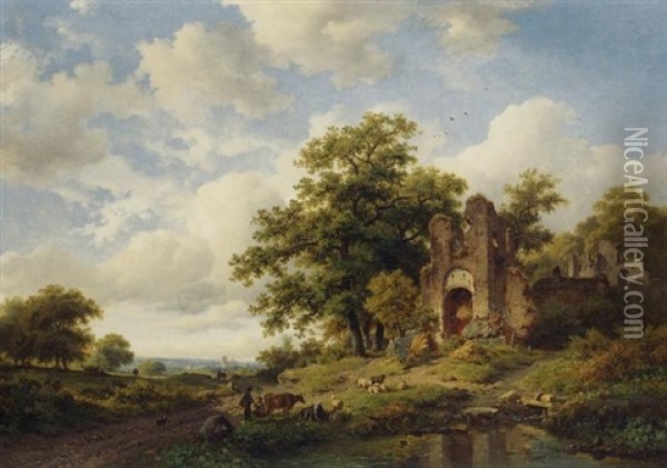 Summer Landscape With A View Of The Ruins Of The Brederode Castle Oil Painting - Frederik Marinus Kruseman