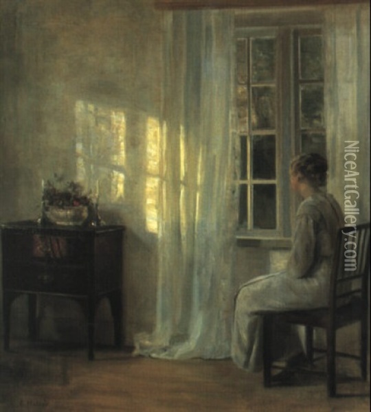 Interieur Med Kvinde I Hvid Kjole Siddende Ved Vindue Oil Painting - Carl Vilhelm Holsoe