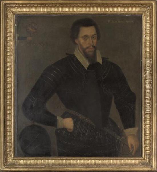 Portrait Of A Gentleman, 
Traditionally Identified As Sir Maximisian Norris, Half-length, In 
Armour, His Hand On The Hilt Of His Sword, With His Insignia To The 
Upper Left Oil Painting - Federico Zuccari