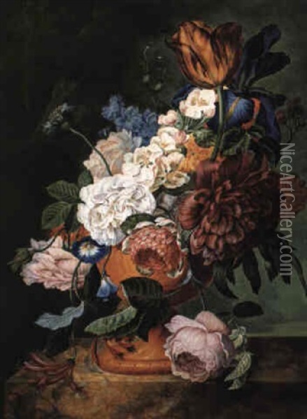 Still Life Of Roses, Marning Glory, Tulips, And Other Flowers Oil Painting - Cornelis Johannes Schaalje