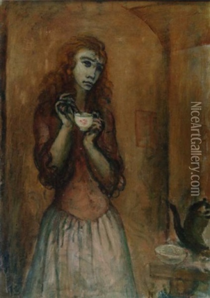 Junge Frau Mit Kaffeetasse Oil Painting - Robert Genin