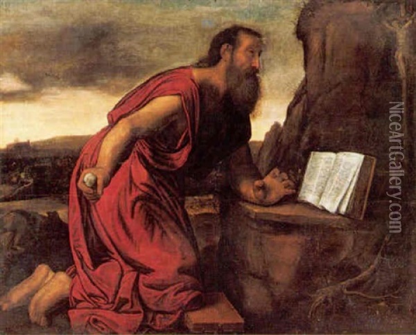 The Pentinent Saint Jerome Oil Painting - Giovanni Girolamo (da Brescia) Savoldo