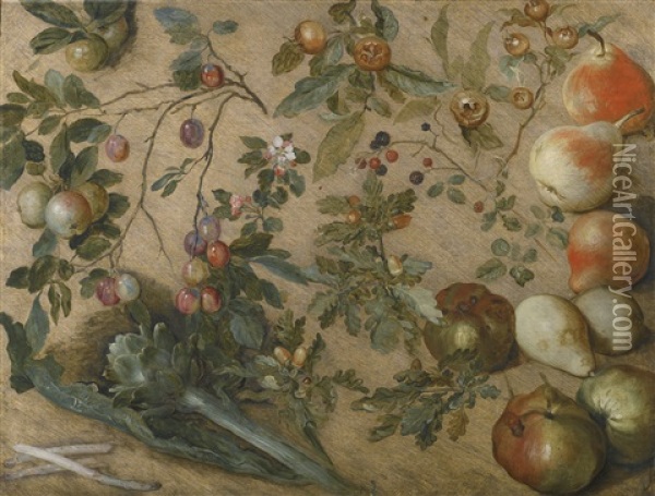 Studies Of Apples, Pears, Grapes, Blackberries, An Artichoke, Spears Of Asparagus And A Sprig Of Oak Oil Painting - Jan Brueghel the Elder
