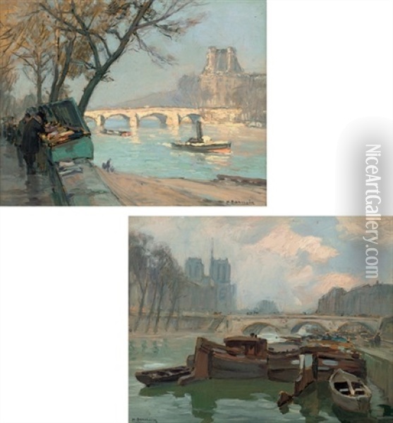 Pont Royal A Paris (+ Pont St. Michel; Pair) Oil Painting - Henri Alphonse Barnoin